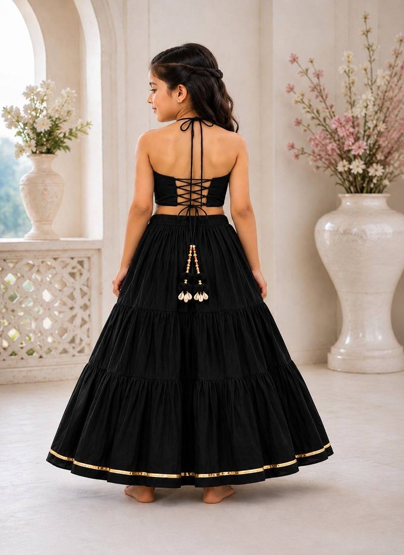 Black cotton embroidered  mirror work kids lehenga choli