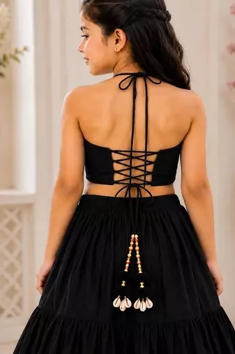 Black cotton embroidered  mirror work kids lehenga choli