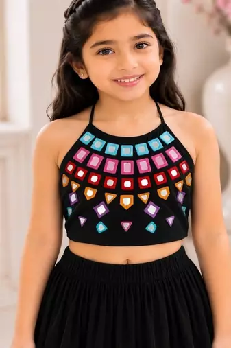 Black cotton embroidered  mirror work kids lehenga choli