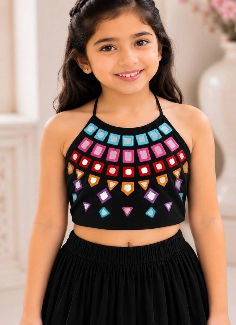 Black cotton embroidered  mirror work kids lehenga choli
