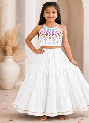 White cotton embroidered  mirror work kids lehenga choli 1