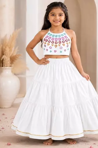White cotton embroidered  mirror work kids lehenga choli