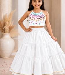 White cotton embroidered  mirror work kids lehenga choli
