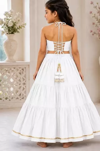 White cotton embroidered  mirror work kids lehenga choli