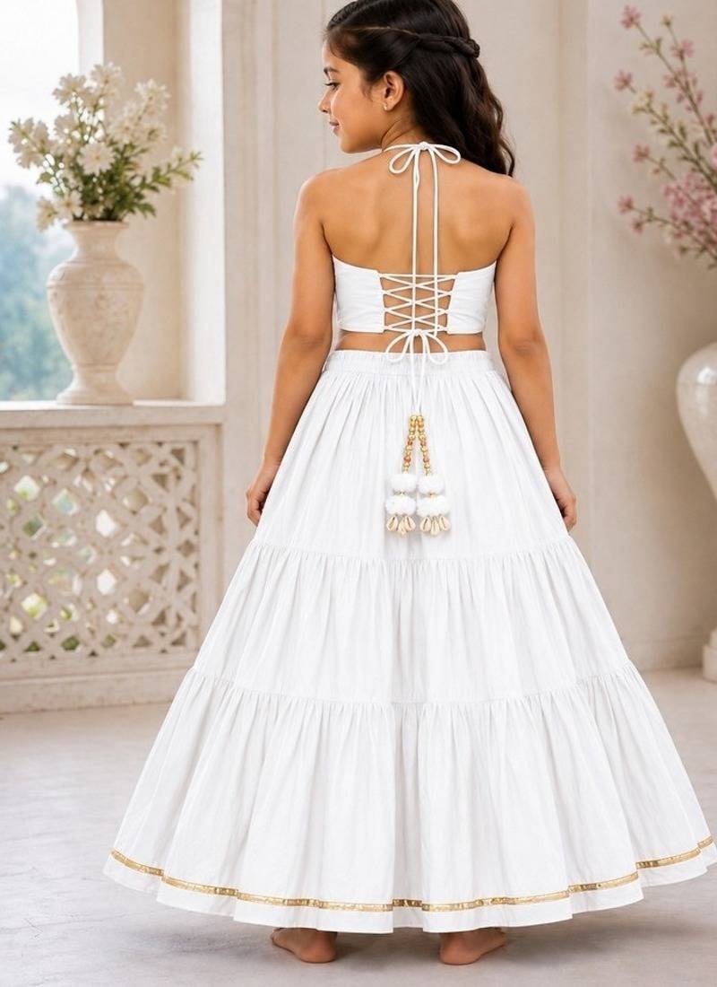 White cotton embroidered  mirror work kids lehenga choli