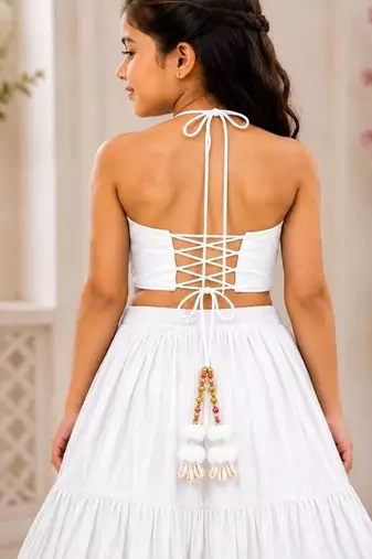 White cotton embroidered  mirror work kids lehenga choli