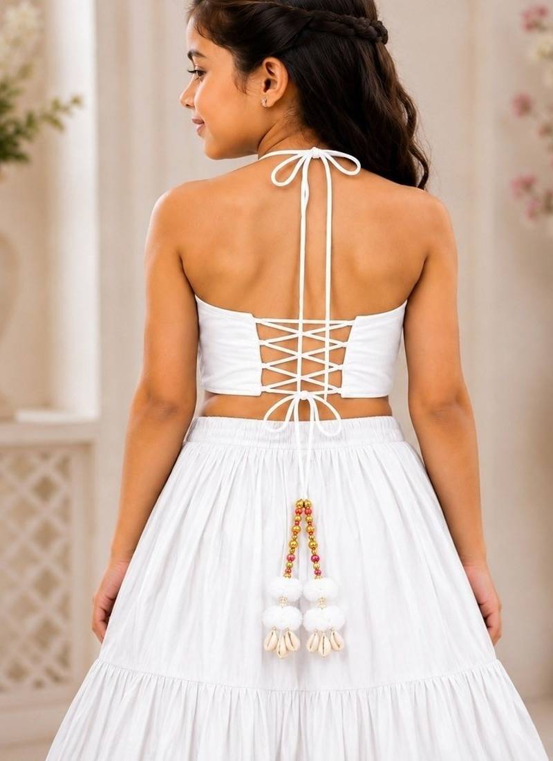 White cotton embroidered  mirror work kids lehenga choli