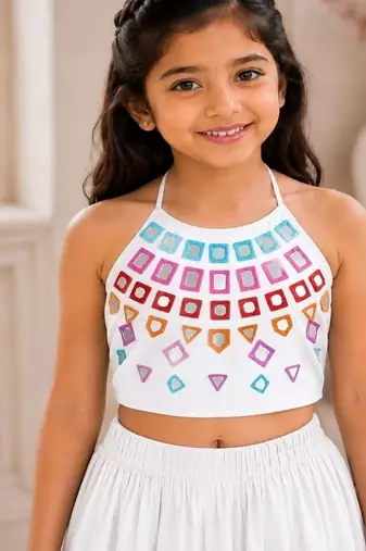 White cotton embroidered  mirror work kids lehenga choli