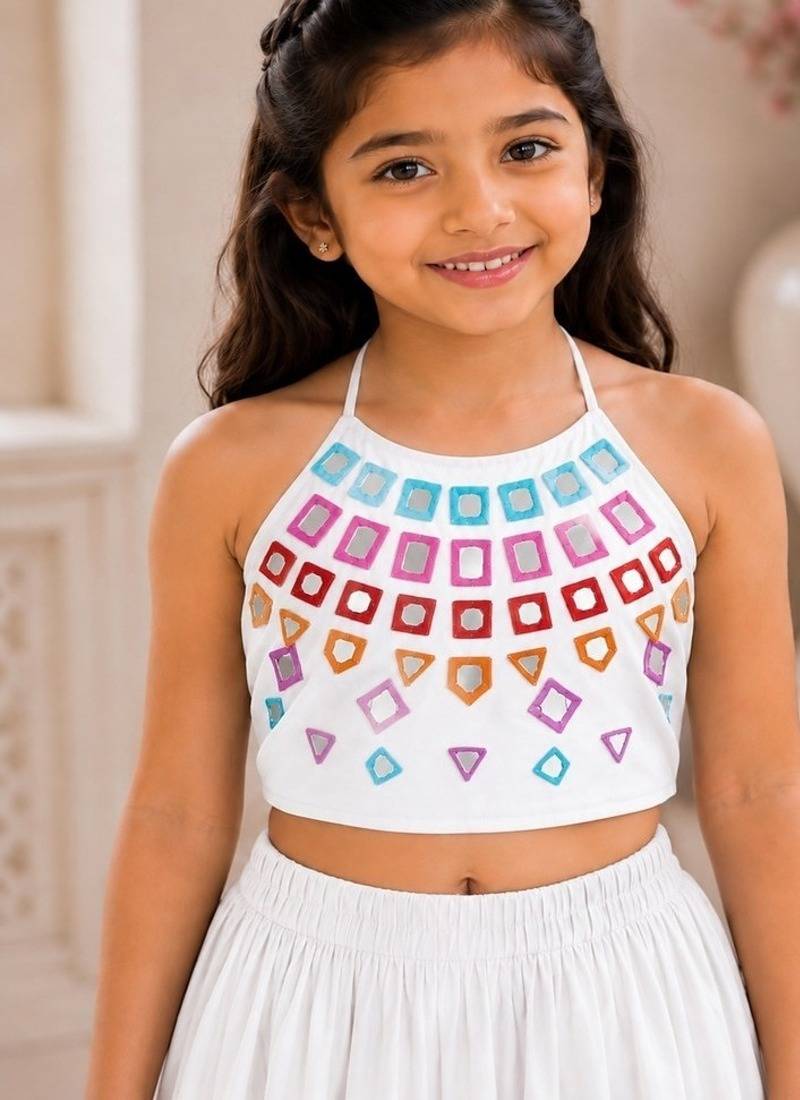 White cotton embroidered  mirror work kids lehenga choli