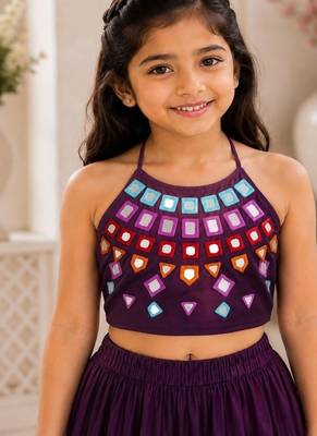 Purple cotton embroidered  mirror work kids lehenga choli 2