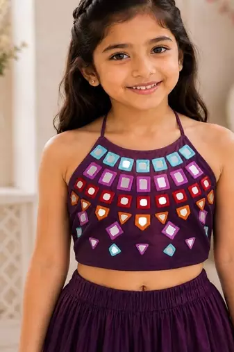Purple cotton embroidered  mirror work kids lehenga choli