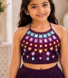 Purple cotton embroidered  mirror work kids lehenga choli