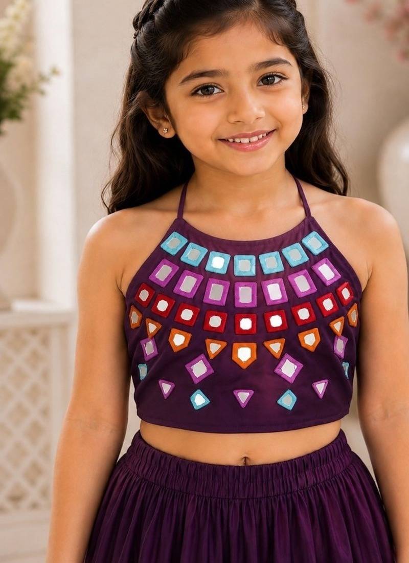 Purple cotton embroidered  mirror work kids lehenga choli