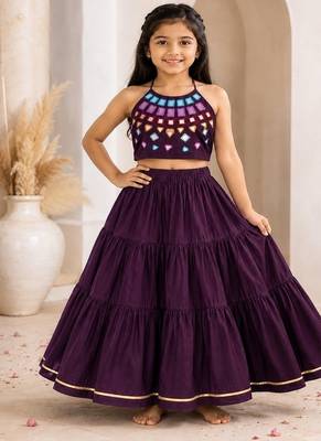 Purple cotton embroidered  mirror work kids lehenga choli 1