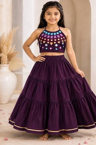 Purple cotton embroidered  mirror work kids lehenga choli