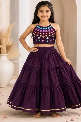 Purple cotton embroidered  mirror work kids lehenga choli