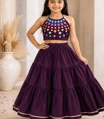 Purple cotton embroidered  mirror work kids lehenga choli