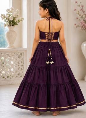 Purple cotton embroidered  mirror work kids lehenga choli 3