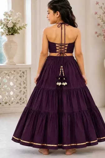 Purple cotton embroidered  mirror work kids lehenga choli