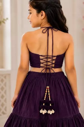 Purple cotton embroidered  mirror work kids lehenga choli