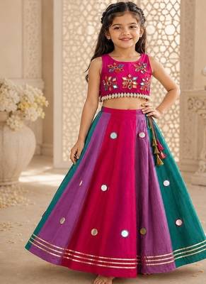 Multicolor cotton embroidered  mirror work kids lehenga choli 1