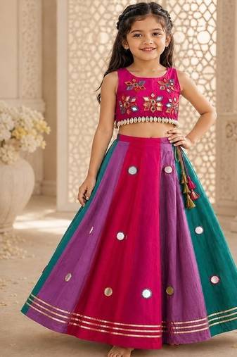 Multicolor cotton embroidered  mirror work kids lehenga choli