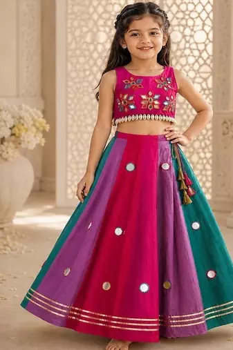 Multicolor cotton embroidered  mirror work kids lehenga choli