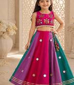 Multicolor cotton embroidered  mirror work kids lehenga choli