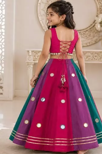 Multicolor cotton embroidered  mirror work kids lehenga choli