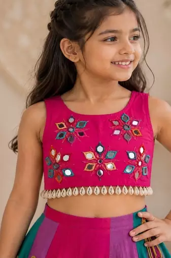 Multicolor cotton embroidered  mirror work kids lehenga choli