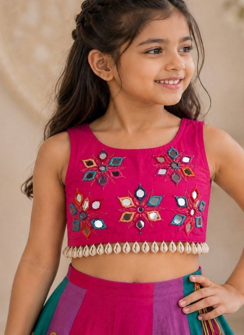 Multicolor cotton embroidered  mirror work kids lehenga choli