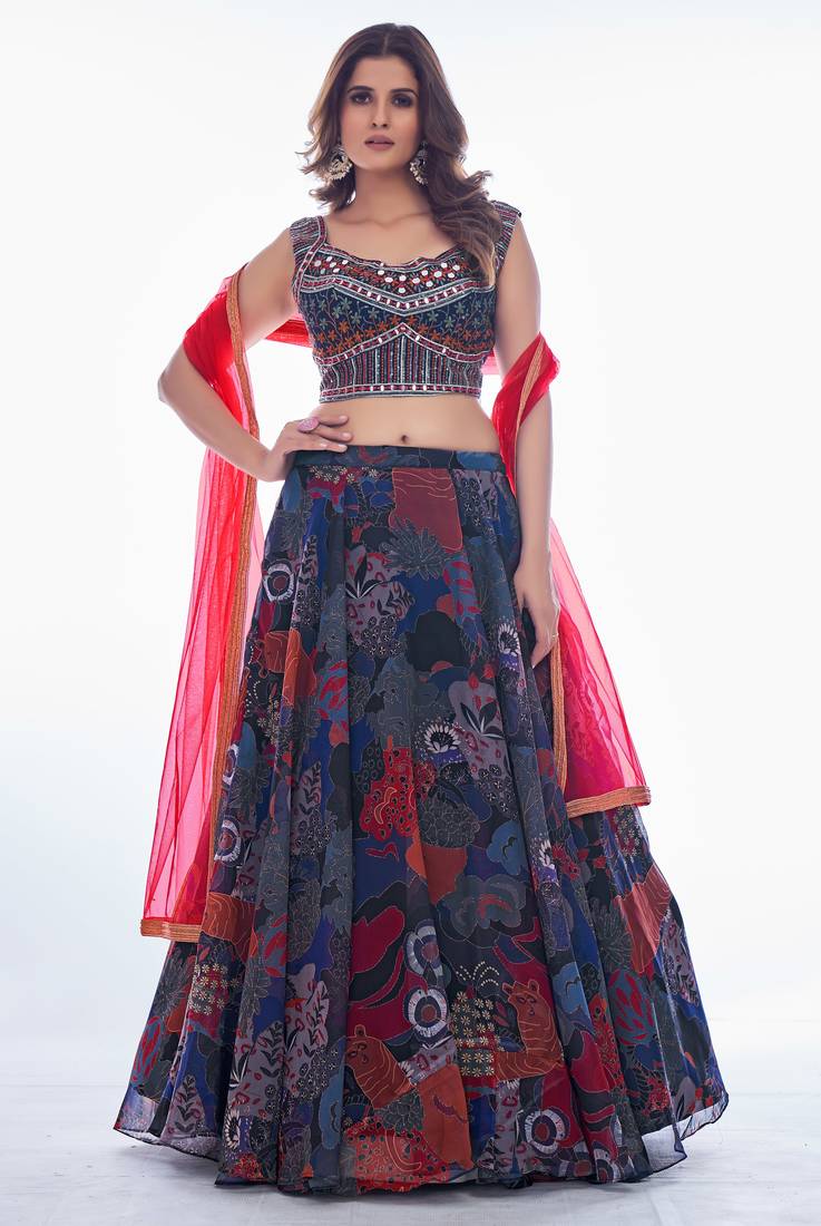 Multi- Embroidered Sweetheart Neck Lehenga Choli