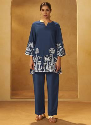Navy blue embroidered cotton blend co-ord set 1