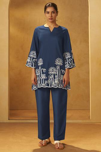 Navy blue embroidered cotton blend co-ord set