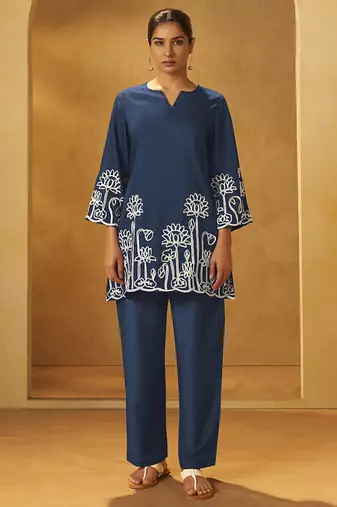 Navy blue embroidered cotton blend co-ord set