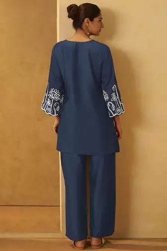 Navy blue embroidered cotton blend co-ord set
