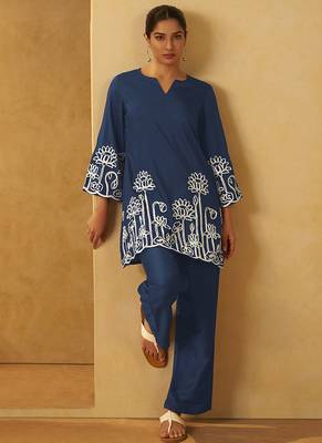 Navy blue embroidered cotton blend co-ord set 3
