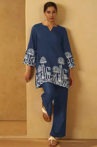 Navy blue embroidered cotton blend co-ord set