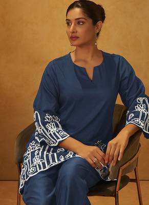 Navy blue embroidered cotton blend co-ord set 4
