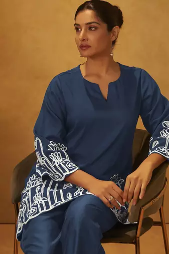 Navy blue embroidered cotton blend co-ord set