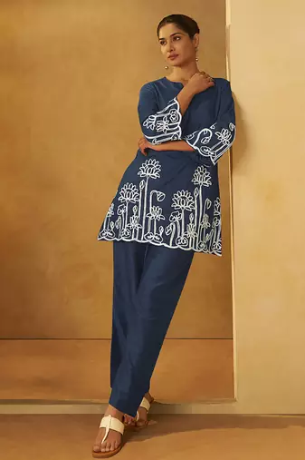 Navy blue embroidered cotton blend co-ord set