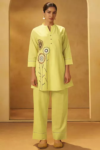 Yellow embroidered cotton co-ord set