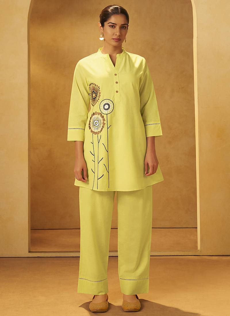 Yellow embroidered cotton co-ord set