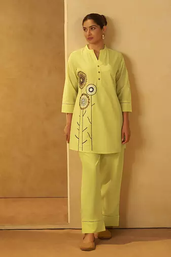 Yellow embroidered cotton co-ord set