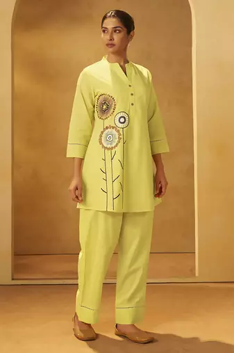 Yellow embroidered cotton co-ord set