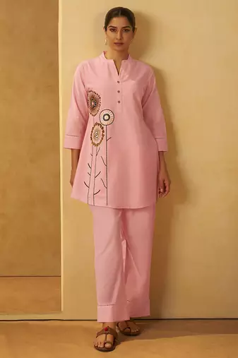 Pink embroidered pure cotton co-ord set