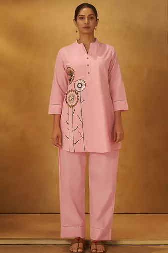 Pink embroidered pure cotton co-ord set