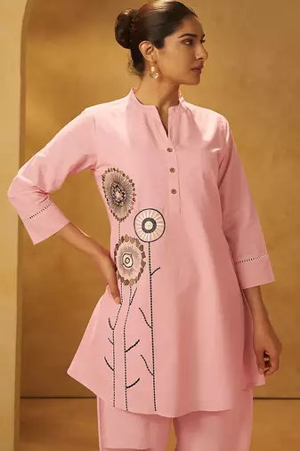 Pink embroidered pure cotton co-ord set