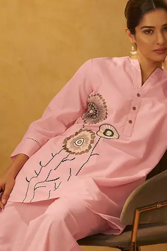 Pink embroidered pure cotton co-ord set