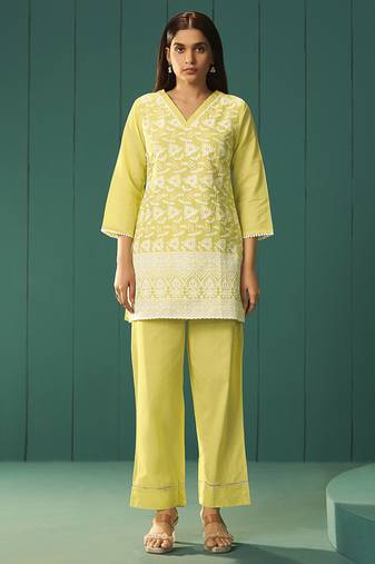 Yellow embroidered cotton co-ord set